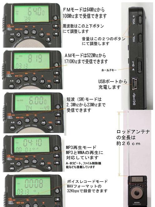 短波ラジオ(AM/FM/SW)+ラジオ録音+MP3再生の超便利ラジオ DE1123-2GB
