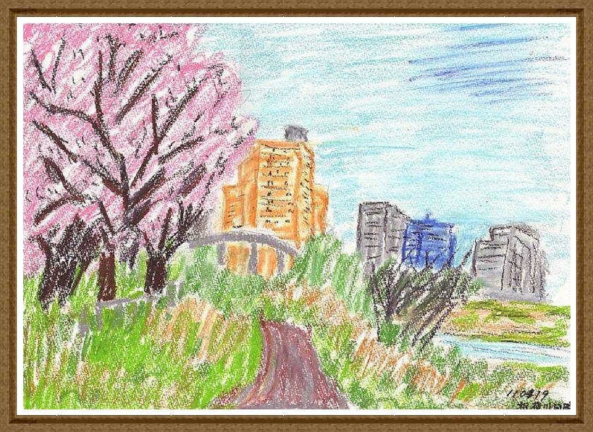 相模川河畔の桜 クレヨン画を始めました 遊民画廊