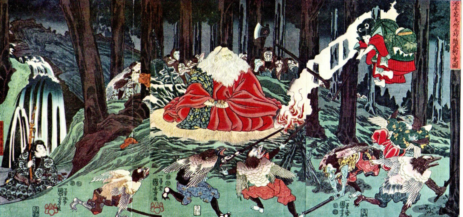 鞍馬山の天狗と牛若丸 木版画複製 - 文化歴史資料館・風土誌料研究所