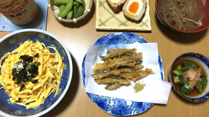 今夜も手抜き満載献立→「ばら寿司」定食・・・「茹で浸しオクラ」おいしかったよ〜(o^^o)