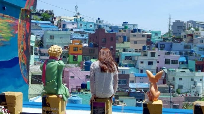 甘川文化村(釜山)の人面ハトと、階段と屋上展望台