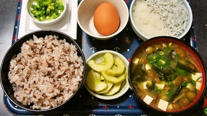 家で朝ご飯(高知県産のコシヒカリ・赤米ご飯にしらすおろし、生卵、納豆、なめこ汁等)(2021年5月27日)