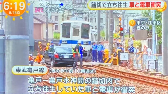 東京の東武亀戸線の踏切でクソダボが乗用車を立往生させて電車に打つける