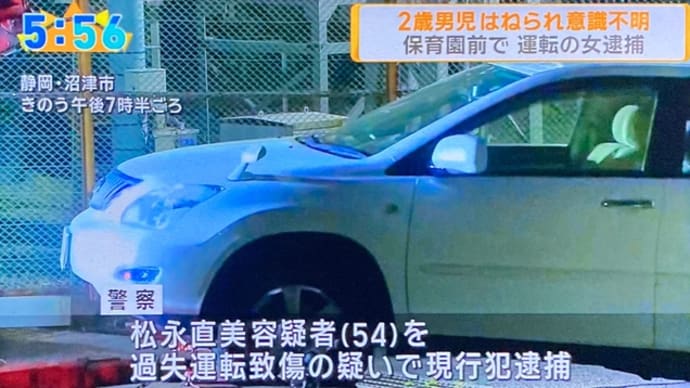 静岡で馬鹿餓鬼が保育園の門から道路へ飛び出してSUVに打つかり自業自得で意識不明の重体