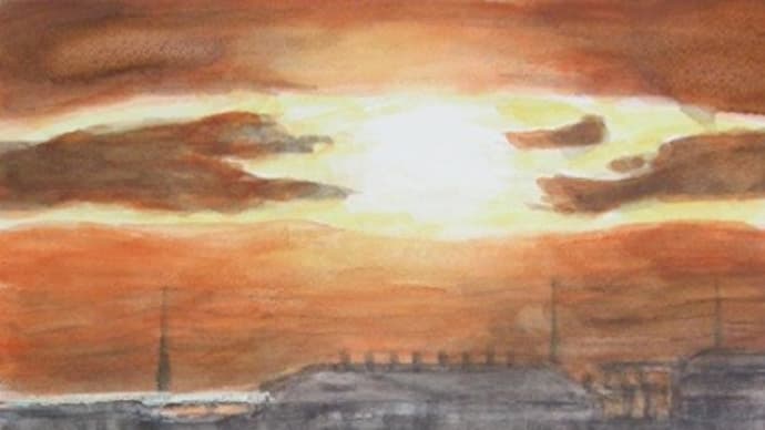 楽描き水彩画「夕焼けの名港工業地帯」