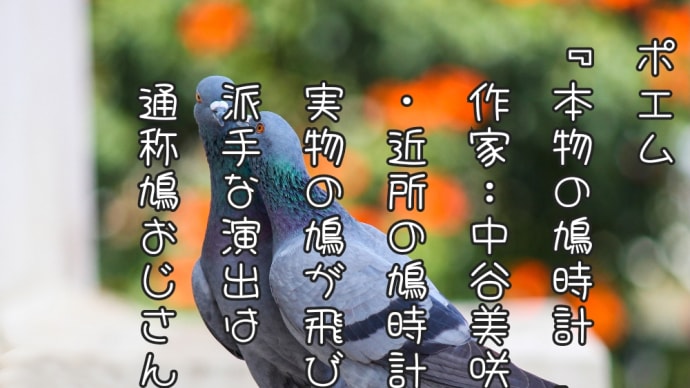 ポエム
『本物の鳩時計 』
　作家：中谷美咲
　・近所の鳩時計は
　実物の鳩が飛び立つ
　派手な演出は
　通称鳩おじさんだ
