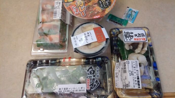 |M2177|三ノ宮駅東側『阪急オアシス』でホテル飯の買出し。酢〆いわしのにぎり、ハモの湯引き、サーモンとチーズの生春巻き、真鯛入り冷たい茶碗蒸しで開始し、白ねぎ焼豚カレーうどんで決めてみました!