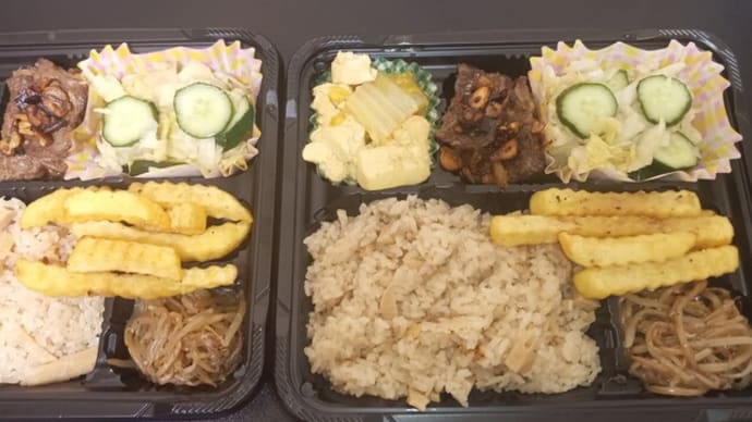 焼肉&カレー豆腐&ピクルス漬け&焼きナムル&タケノコご飯の弁当