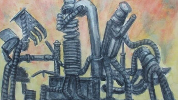 楽描き水彩画「手づくりの演奏ステージと人形」