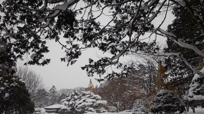 香雪園の雪景色と奥にある氷瀑