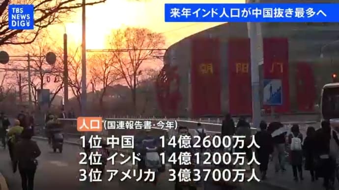 世界人口・1位印度2位中国3位米国