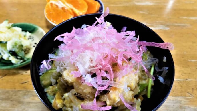 2021・4・23 削りかまぼこ・宇和海の花をおじやにのせて朝飯