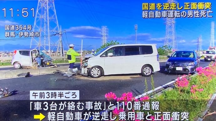 群馬で塵芥屑が軽乗用車で逆走して他車2台を破壊して自業自得でくたばりやがる