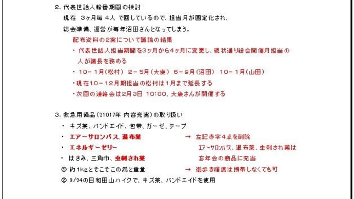 ハイキング同好会世話人・アシスタント連絡会議事録(2019年10月度)