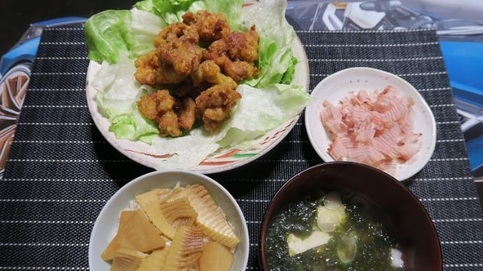 たけのこの猫まんまと唐揚げ、炊屋食堂の田舎定食・・・庶民の味。