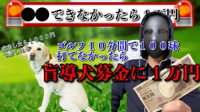 ゴルフ打ちっぱなし10分以内に100球打てなかったら1万円募金します。盲導犬募金に1万円