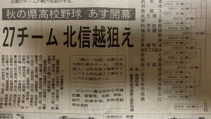 福井県高校野球秋季大会明日開幕・・・センバツ出場は叶うか!