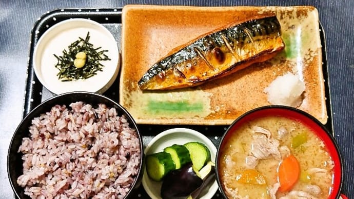 家で朝ごはん(十五穀ごはんに焼鯖、長芋のとろろ、豚汁、かぶときゅうりの浅漬)(2023年6月29日)
