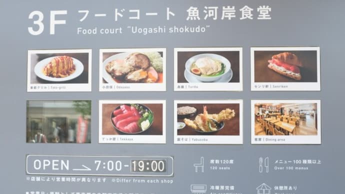 |M2111|立ち食い巡礼:築地魚河岸小田原橋棟3F“フードコート魚河岸食堂”の『築地藪そば』に家内とお邪魔。天せいろうそば(海老天2本+野菜天)を大変おいしく頂きました!〔付:重大発表あり!〕