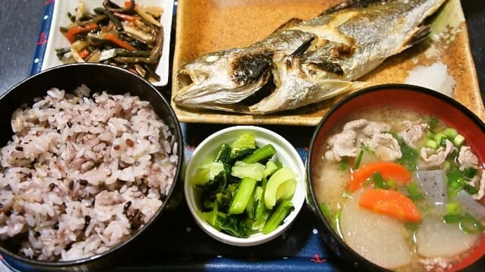 家で昼ご飯(古代米ご飯にイシモチの塩焼き(シログチの塩焼き)、豚汁、ぜんまい煮、野沢菜漬け)(2021年2月14日)