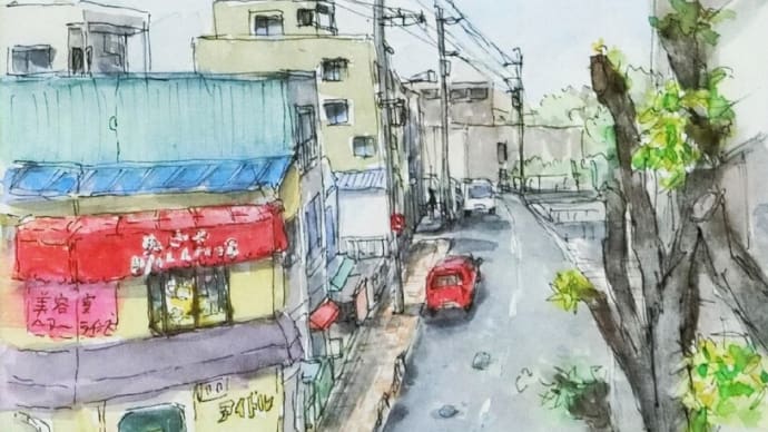 今日は「まちかど」の絵を描きました
