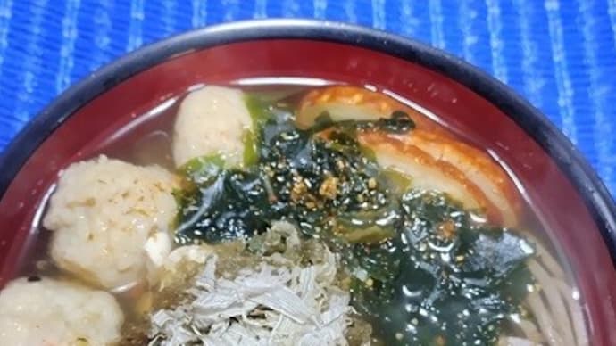 【12/18朝食】鶏牛蒡つみれ入り豆腐蕎麦、とろろ昆布にワカメに蒲鉾焼も入れて朝からなんだね:D