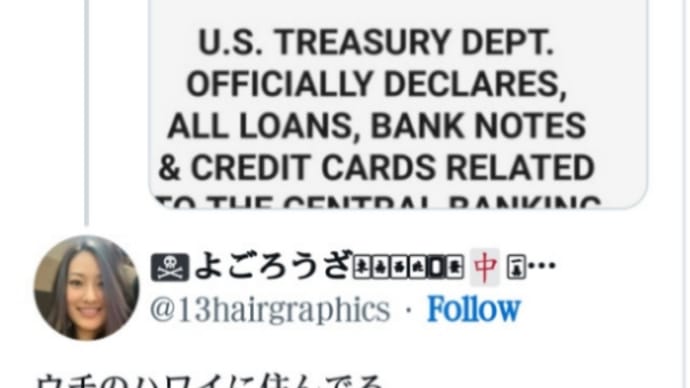 ネサラ！米国財務省公式！中央銀行システムに関連するすべての銀行ローンがキャンセルされた！ハワイに住んでる母にDMしたら【そうよー！】って返事きました！