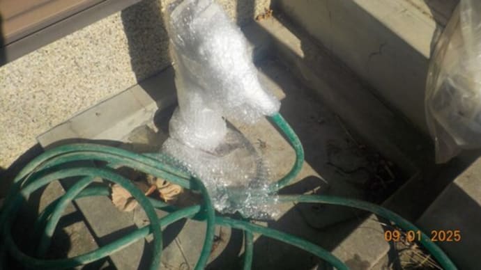 寒波に備えて 庭の水道管凍結防止の保温をしました