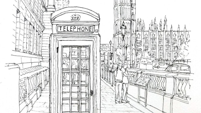 今日の絵は「赤い電話ボックスのある風景」のペン描き下絵です！