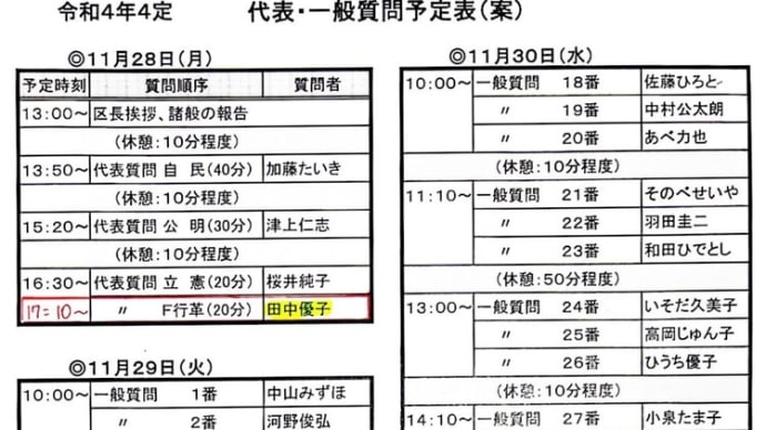 世田谷区議会令和4年第4回定例会〜田中優子の代表質問は11月28日(月)17時10分〜です!