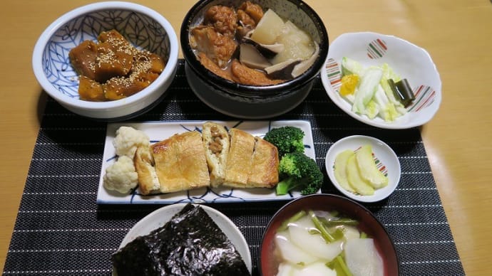 田舎定食、困ったときの油揚げの納豆包焼・・・炊屋食堂の質素倹約一汁三菜、簡単安く旨く・・・庶民の味。