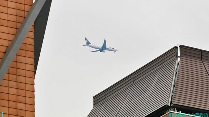 東京都心・渋谷上空に旅客機