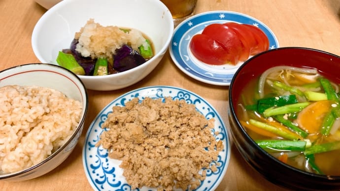 糖尿病の食事…鶏そぼろご飯とナスの揚げ浸し