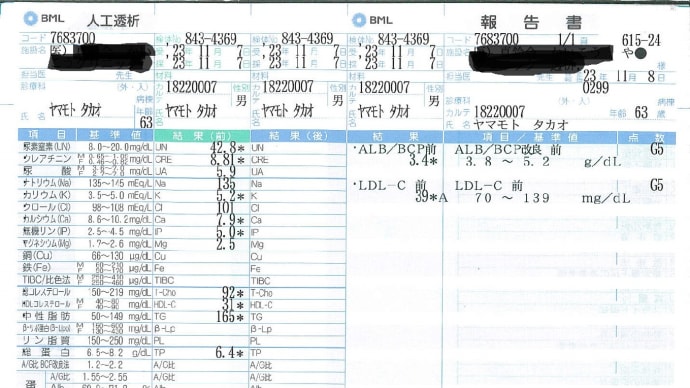 11月7日の血液検査結果。おしっこが出るようになってきたらと思ったらクレアチニンが8まで回復。