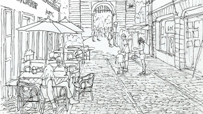 今日の絵は「ドイツ・ハイデルベルクの街並」のペン描き下絵です