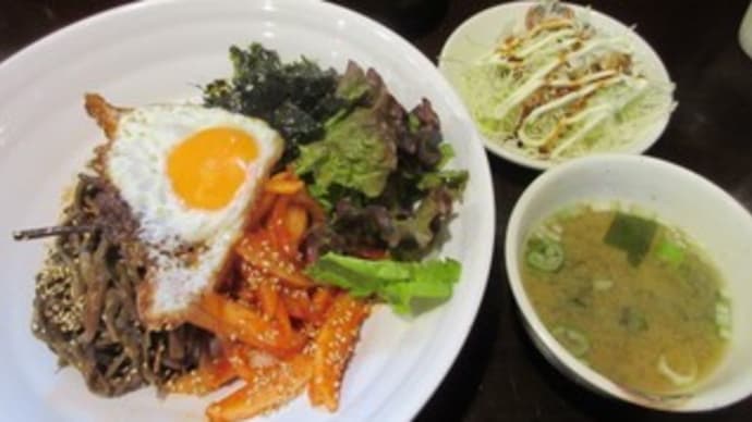 「韓国本場豚カルビ ハルバン」、野菜たっぷりビビンパ定食と、豚肉にんにく焼きカレー