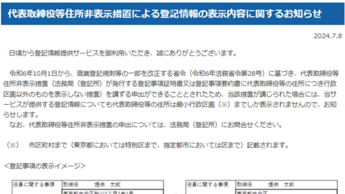 代表取締役等住所非表示措置による登記情報の表示内容に関するお知らせ(登記情報)