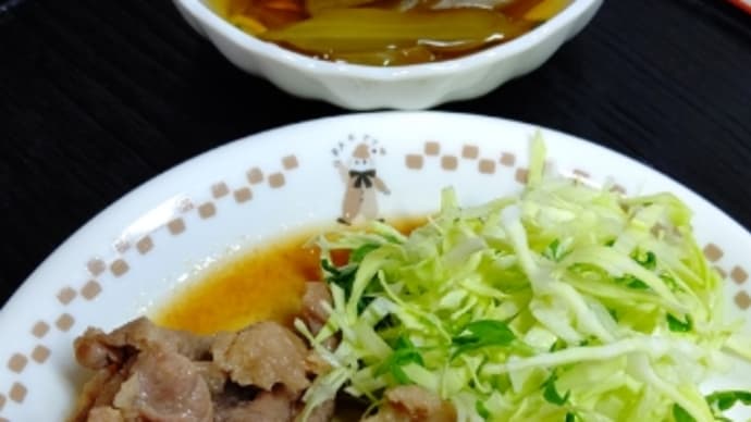 今日のおかず    豚肉のしょうが焼きと茎ワカメの炊いたん(^.^)
