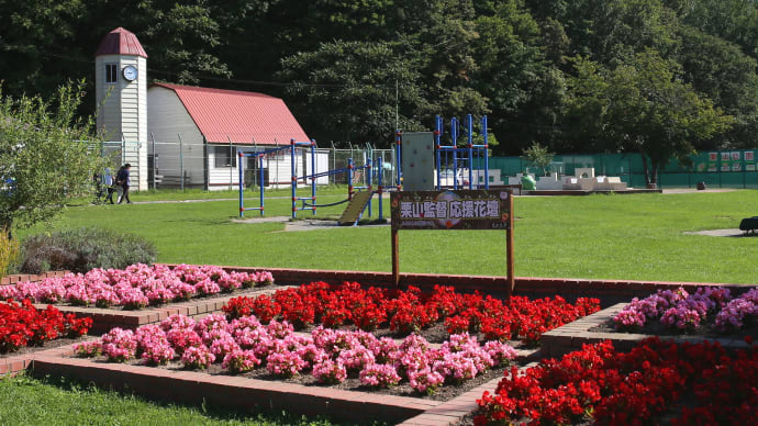 栗山公園の蒸気機関車と栗山監督応援花壇/栗山町・北海道3