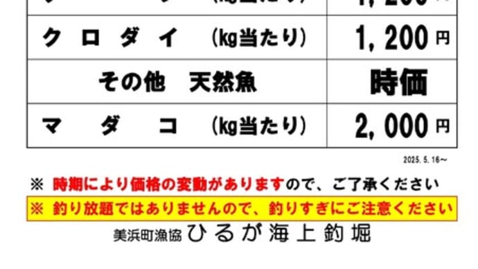 魚の価格変更について