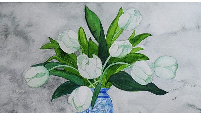 絵画販売・水彩画原画「花瓶と白いチューリップ」