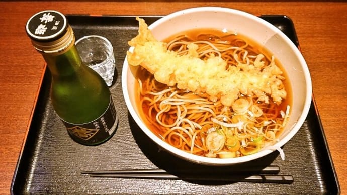 越後そば(東京店)でイカ天そば+日本酒(2023年11月1日)
