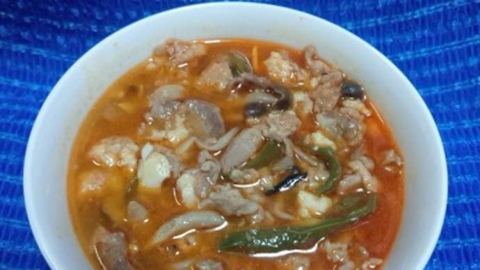 【03/06晩御飯】和豚厚揚ヤムニョン豆板醤フカヒレスープ煮、これで器と冷蔵庫スペースが空いたんだね:D