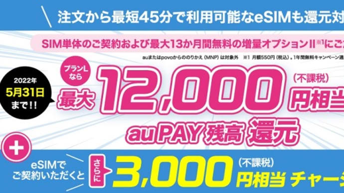 UQmobile SIM単体契約 他社からのお乗り換えで最大15000円相当還元！5/31まで