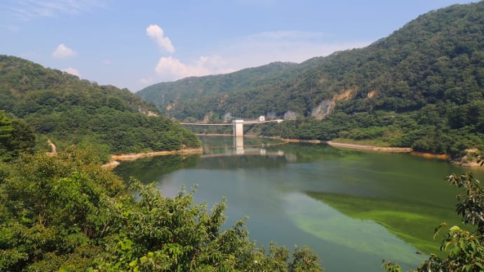 八田原ダムを眺めながら、「夢吊橋」を実況しながら渡る安頓（動画あります）