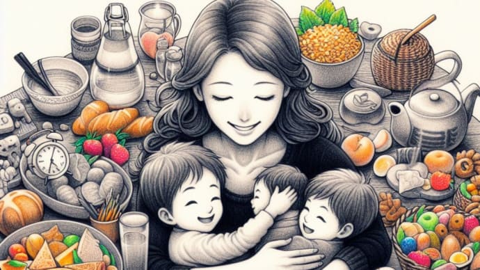 母親, 再会, 手料理, 家族の絆, 健康, 希望, 物語  + 色鉛筆風イラスト