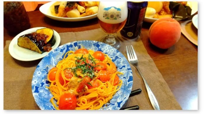 9月のランチ〜スパゲッティ・アラビアータ風に米ナスとピーマン味噌
