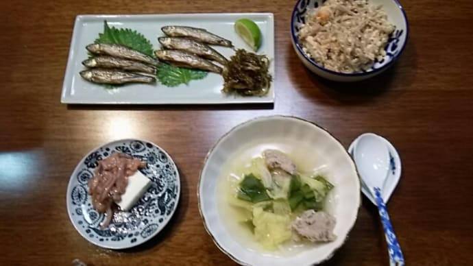 お魚ごはん(晩酌)の献立・本もろこ、秋刀魚、酒盗