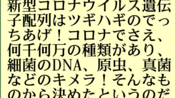 新型コロナウイルス遺伝子配列はツギハギのでっちあげ!コロナでさえ何千何万の種類があり、細菌のDNAも原虫、真菌などとのキメラの可能性!そんなものから決めたというのだから、何を決めたのかわからない!