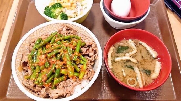 すき家(新川永代橋店)でニンニクの芽牛丼(並)のランチセット(2021年7月9日)